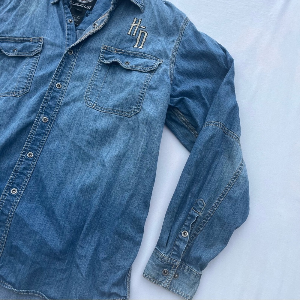 Harley‎ Davidson Denim Snap Shirt XL Embroidered Logo Biker Western Distressed - Picture 4 of 12